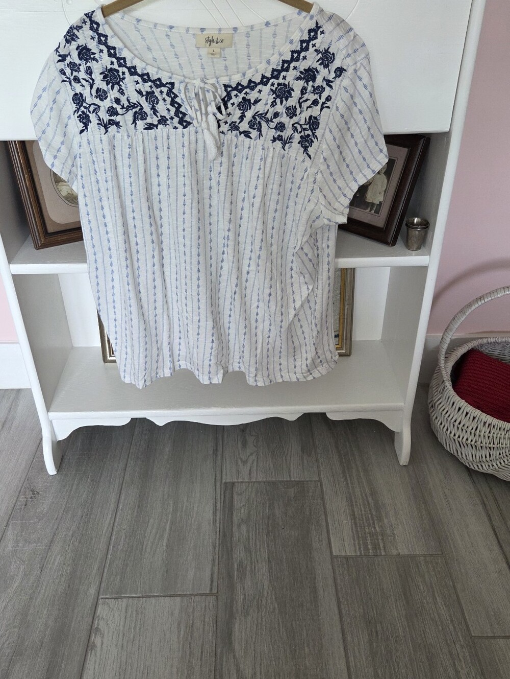 Style & Co. White Top with Navy Floral Embroidery